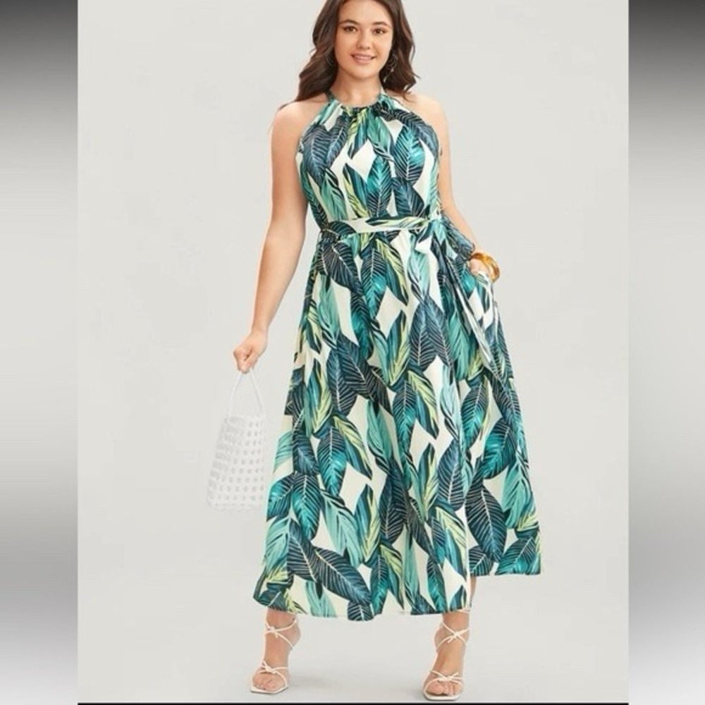 Bloomchic Womens Tropical Leaf Print Midi Maxi Dress 12 L NWT